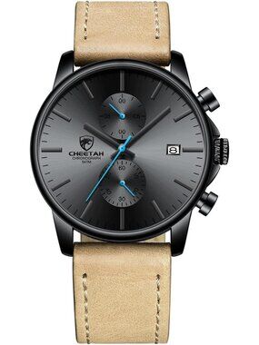 Men's Black Quartz Analog Leather Brown Stainless Steel Chronograph Round Watch